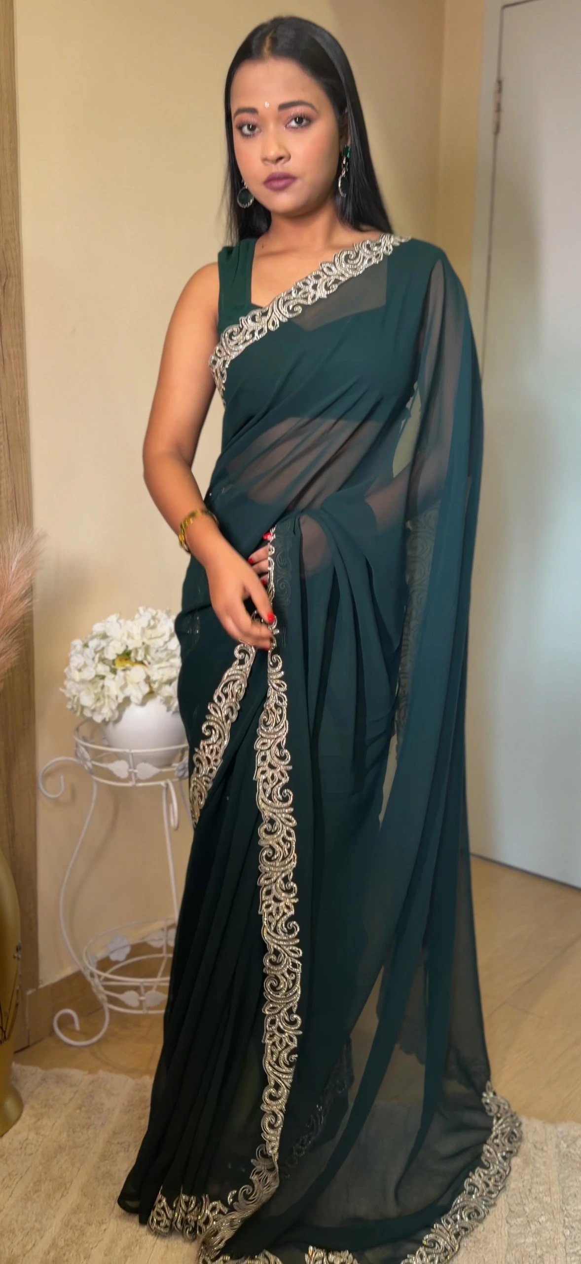 Green Chiffon Saree with Zari Embroidery | Blouse Piece Included