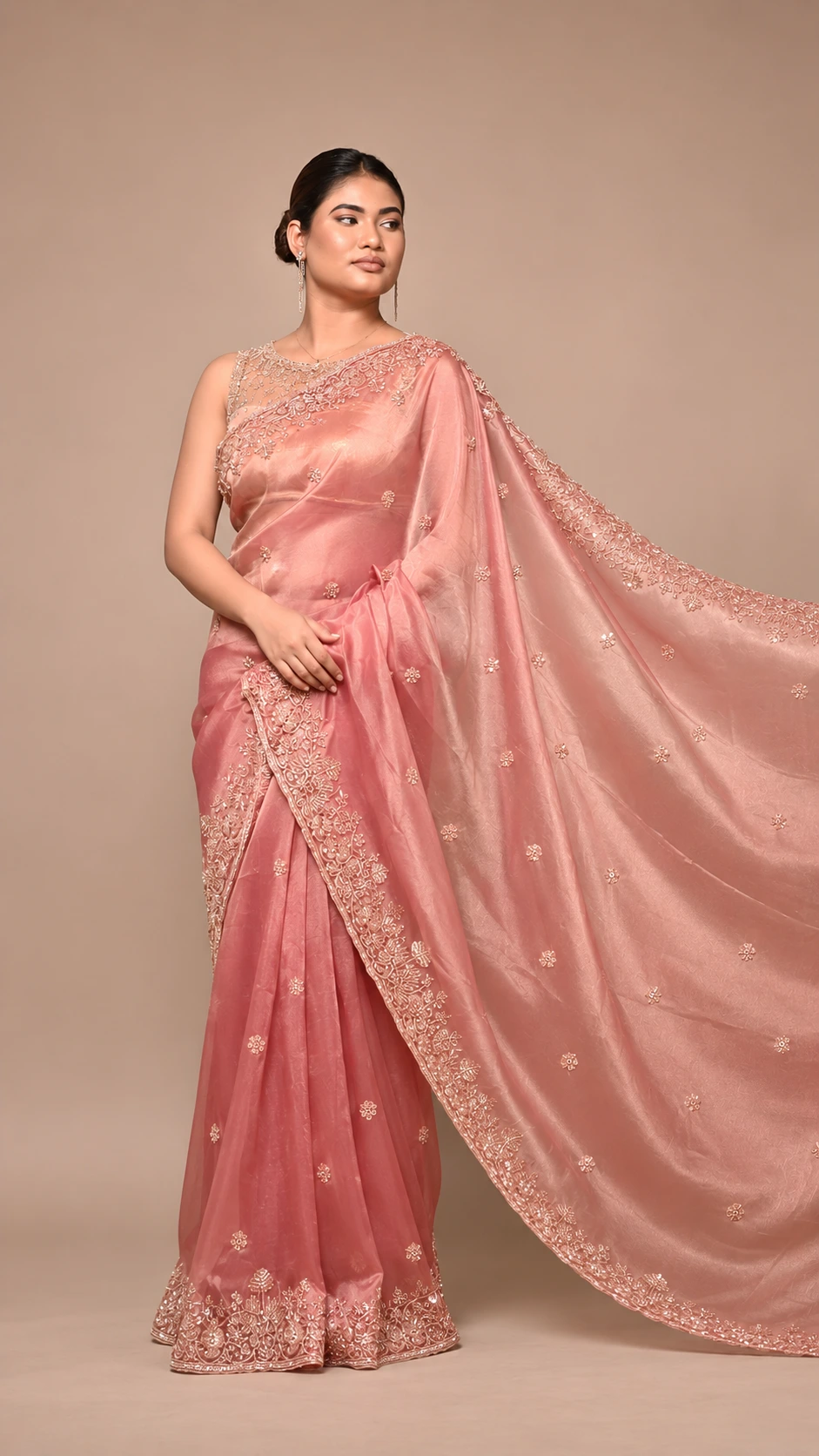 Blush Pink Soft Tissue Organza Saree with Heavy Embroidered Border